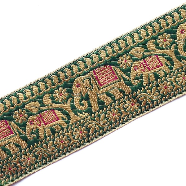Green trim, Indian border, jacquard, decorative, craft, elephant pattern, decor, sari border by the yard, junk journal - Lace659
