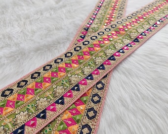 Indian lace, gold thread work, pink trim, embroidered, saree border, sequin work, geometric pattern, craft, lace by the yard - lace1165