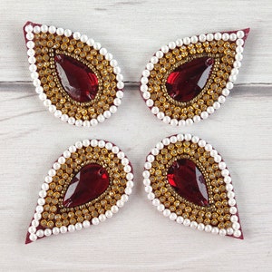 drop shaped motif, dress making, sew on applique, red mirror, decorative, Indian patches, craft embellishment, beads, handmade - mtf383