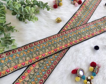 Indian lace, gold thread work, black trim, embroidered, saree border, sequin work, geometric pattern, craft, lace by the yard - lace1162