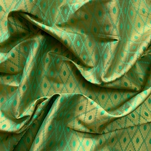 indian brocade fabric, green and gold geometric pattern brocade, indian fabric, dress material, saree blouse fabric - 1 yard - br229