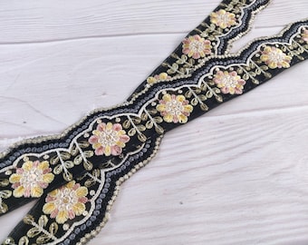 lace by the yard, embroidered border, black color trim, indian lace, sequins, floral pattern, decorative, craft, diy, sari border - lace1243