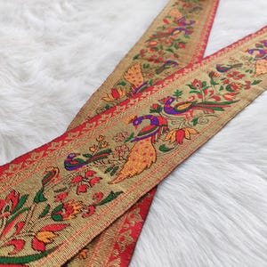 Acabamento multicolorido, acabamento em tecido indiano, renda jacquard, motivo de pavão, padrão floral, borda de sari, renda artesanal, renda para decoração de casa - Lace939