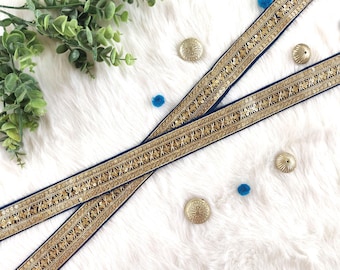 thread embroidered trim, Indian fabric trim, embellished with sequin, golden trim, navy blue sari border, craft, diy, lace by yard - Lace838