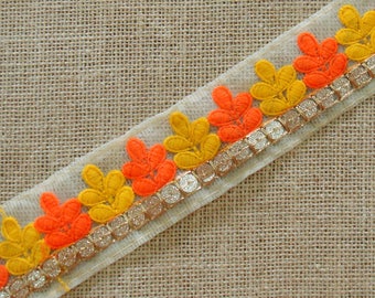 Orange and yellow thread, gold sequin, embroidered, floral border, fabric trim, bohemian trim, craft , embroidered trim - 1 yard - lace188