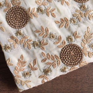 indian fabric, cream poly georgette fabric, gold floral embroidery, dress making, embroidered fabric, embellishments - HALF Yard - emb029