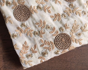 indian fabric, cream poly georgette fabric, gold floral embroidery, dress making, embroidered fabric, embellishments - HALF Yard - emb029