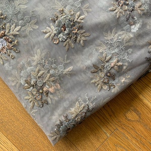 Sari Fabric, Embroidered Net Fabric, Indian Fabric By The Yard, Embroidery Fabric, Dress Material, Grey Fabric, Sequin- HALF YARD - emb226