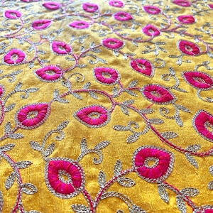 Indian fabric, yellow fabric, floral pattern, embroidered, dress material, fabric by the yard, decorative, threadwork - HALF YARD - emb233