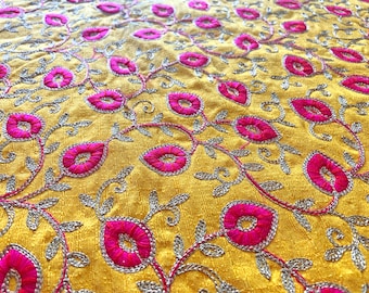 Indian fabric, yellow fabric, floral pattern, embroidered, dress material, fabric by the yard, decorative, threadwork - HALF YARD - emb233