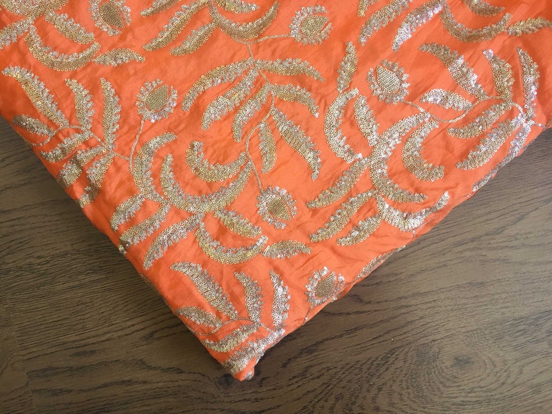 embroidered fabric, orange silky fabric, silver and light gold sequins, floral pattern, indian embroidery, dupatta HALF YARD emb118 image 4