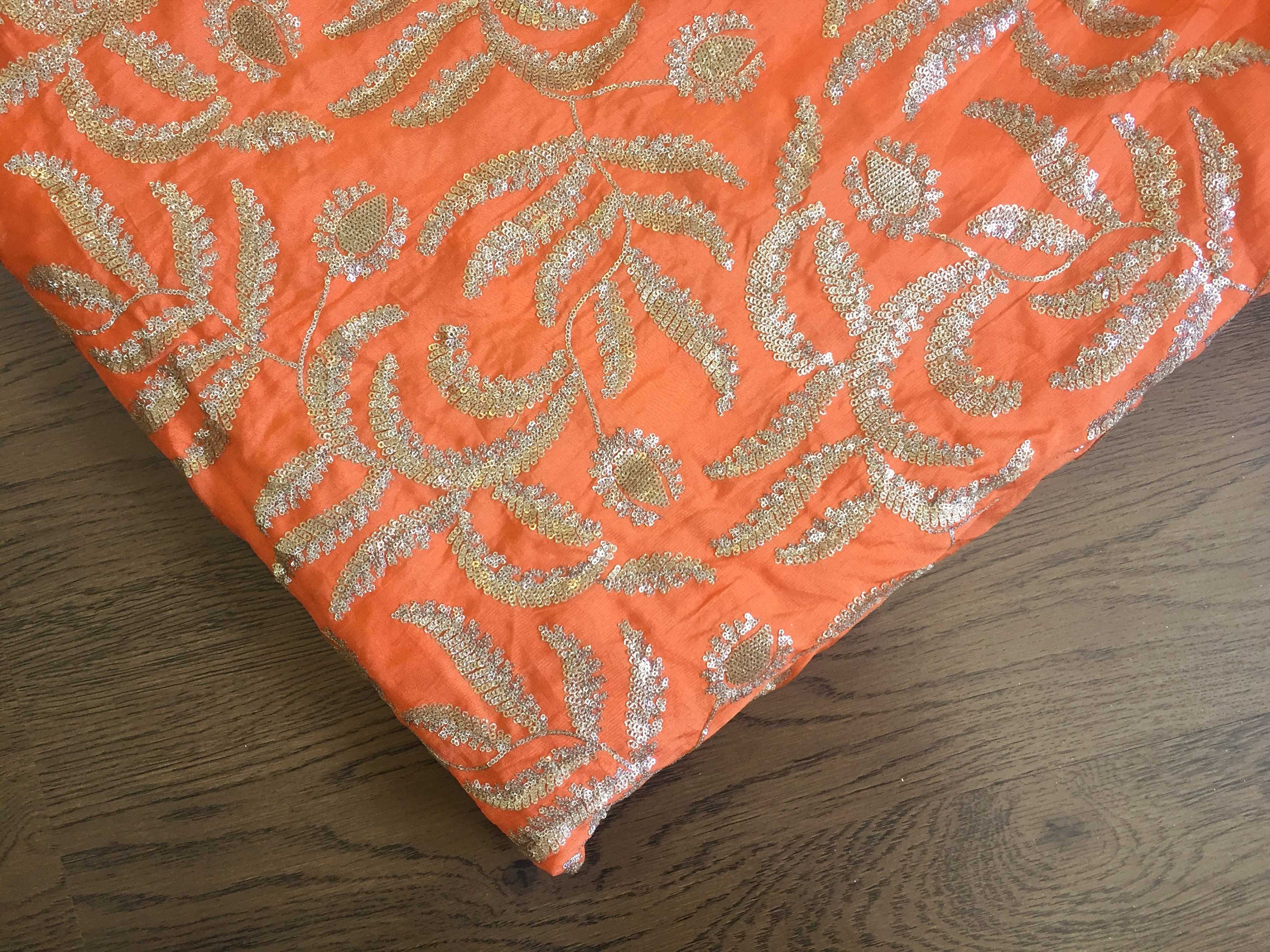 Embroidered fabric orange silky fabric silver and light gold Etsy