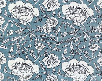 Jaipur cotton, Indian block print, greyish blue cotton fabric, cotton by the yard, floral pattern, hand printed, craft - 1 yard - ctjp414