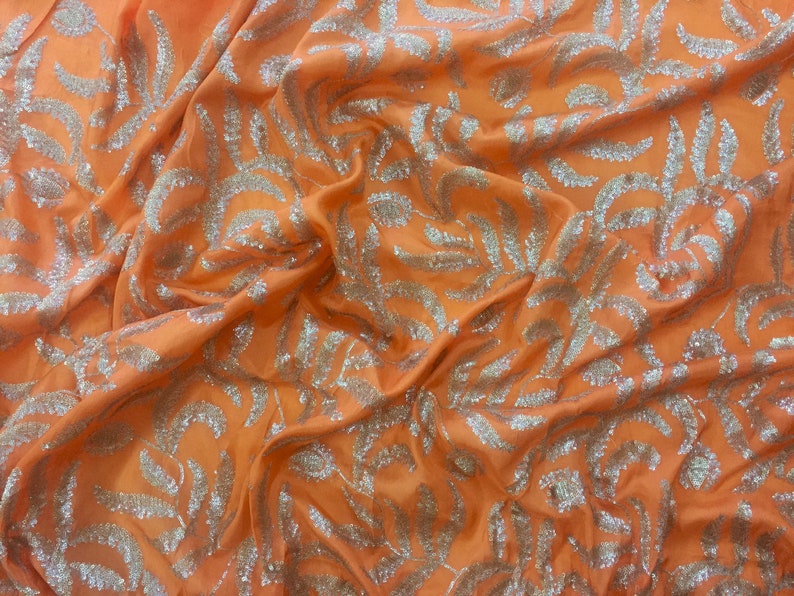 embroidered fabric, orange silky fabric, silver and light gold sequins, floral pattern, indian embroidery, dupatta HALF YARD emb118 image 1