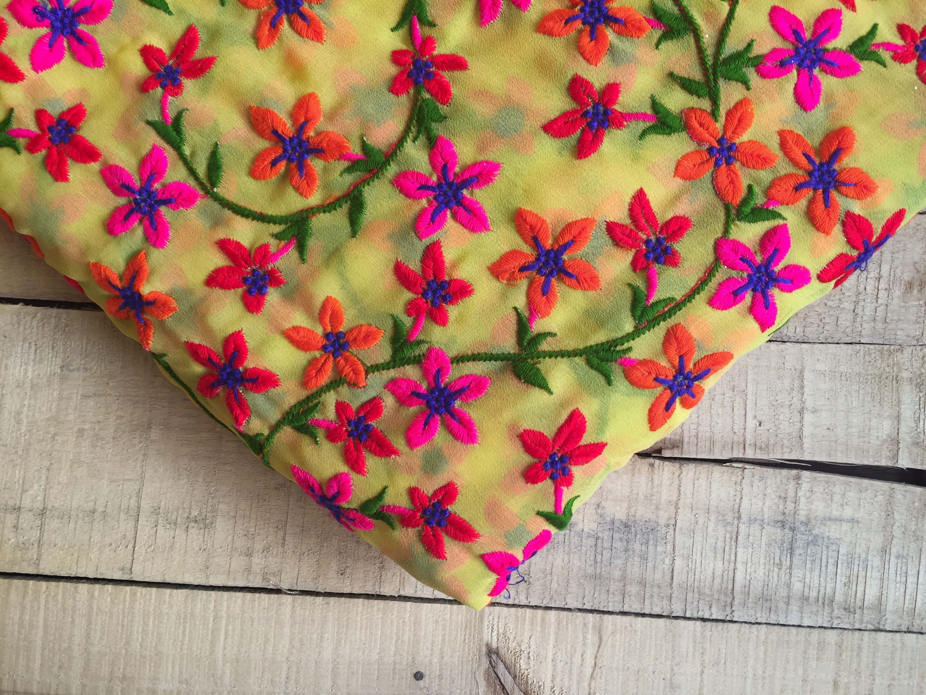 georgette, threadwork fabric, indian fabric, yellow, pink, floral, embroider fabric, sari fabric, dupatta, india fabric - HALF YARD - emb116