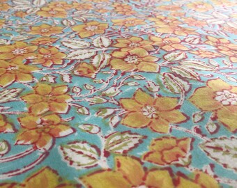 Indian Print Cotton Fabric, Hand Block Print Fabric, Yellow and Red Floral Pattern, cotton by the yard, blue cotton fabric- 1 Yard - ctjp272