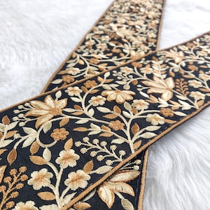 India trim, black trim, embroidered border, thread work, Indian lace, decorative, floral pattern, sari border, craft, diy - lace1075
