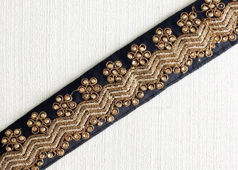 indian lace, embroidered ribbon, sari trim, indian border, saree border, floral border, boho lace, black lace, gold work Lace287 image 1