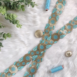 bordado dourado, renda indiana, ciano, borda de sári, floral, acabamento por metro, artesanato, faça você mesmo, decorativo, lantejoulas, acabamento BOHO, corte - Lace1217