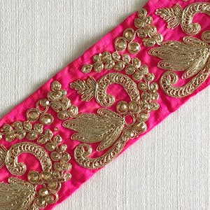 sari trim, indian lace, gold crystal, dori work, pink art silk, sari border, home decor border, pink lace, craft border - Lace296