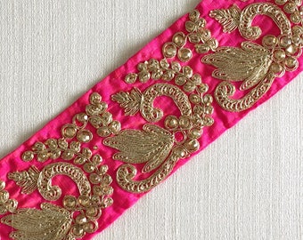 sari trim, indian lace, gold crystal, dori work, pink art silk, sari border, home decor border, pink lace, craft border - Lace296