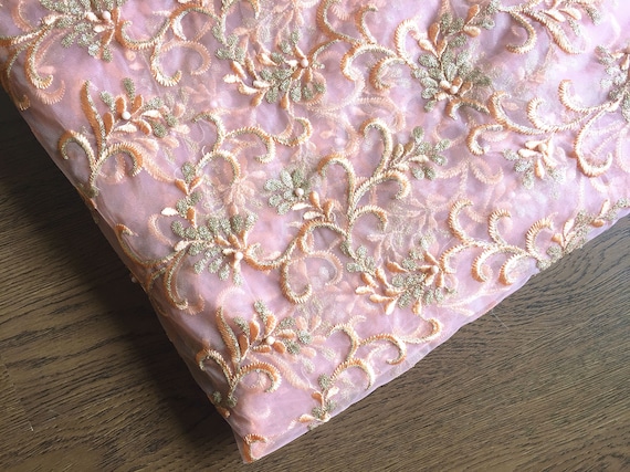 pink net dress material Embroidered Fabric, Pink Net Dress Material, Peach Thread, Gold Sequin  Embroidery, Indian Embroidery- HALF YARD - Emb206