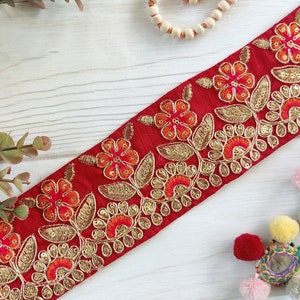 indian laces, embroider trim, saree border, trim by the yard, red lace, floral and gold border, sari trims, floral trim, embroider - Lace777
