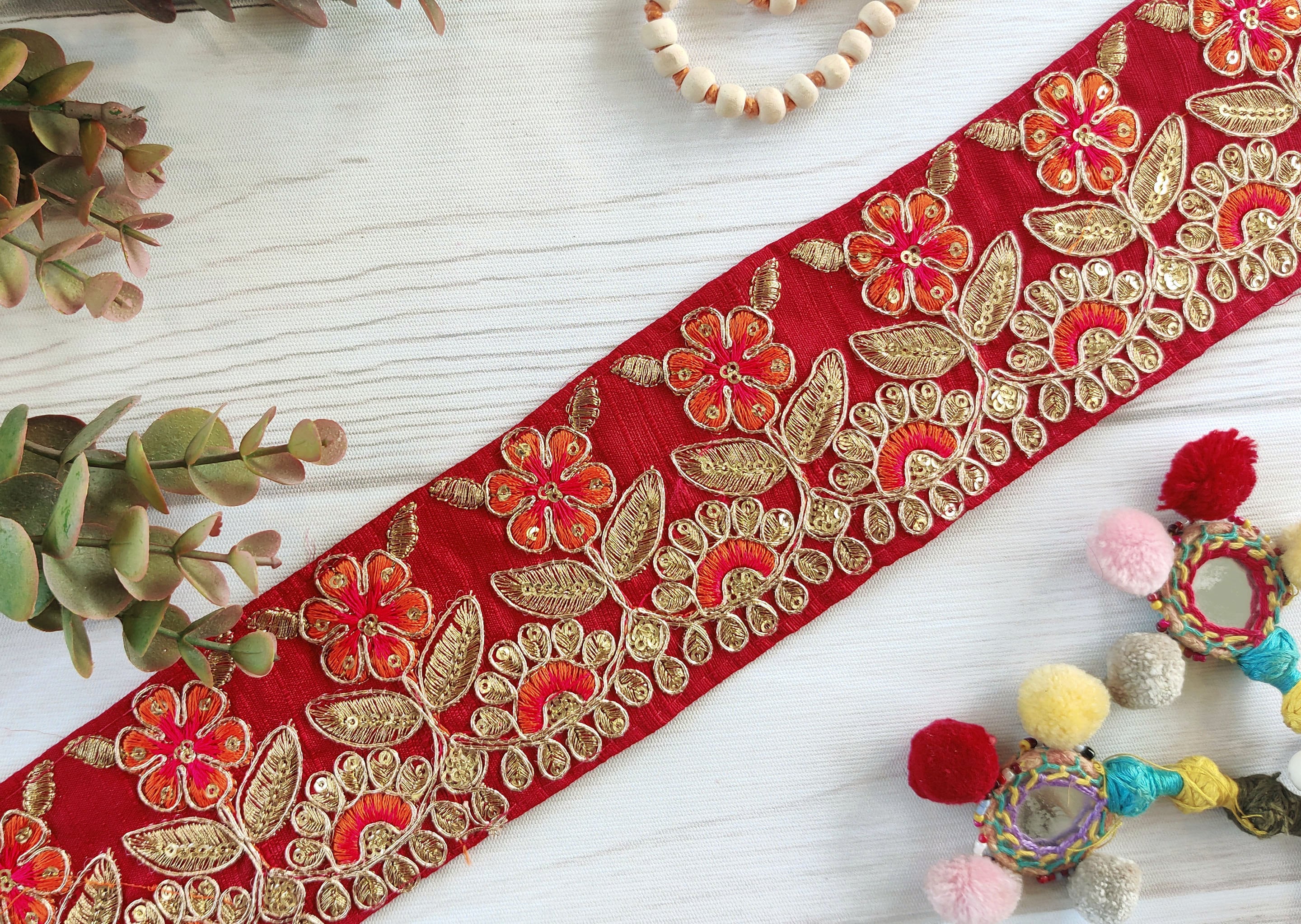 Lami Borde Bordado Parsi Resham De 29.5 Ft Con Cinta De Encaje De Lentejuelas, Adornos Parsi Ghara, Encaje De Sari De Diseñador, Adornos Indios, Encaje Para Novia Lehenga Anarkali Lehenga Border