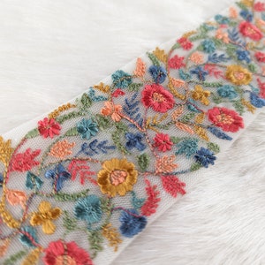 lace by the yard, Indian lace, multicolored thread work, grey net trim, saree border, embroidered, craft, decorative, floral - lace1188