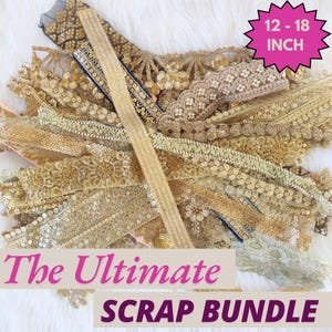 kantbundel, restantpakket, geborduurd, Indiase veters, sampler, junkjournaling, gouden, doe-het-zelf, ambacht, scrapbookingateliers - 12-18 inch stukken
