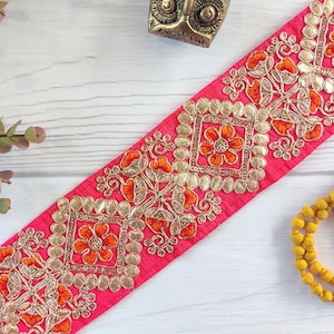 embroidered ribbon, indian lace, threadwork, pink lace, saree border, indian style lace, gota design, pink trim - Lace795