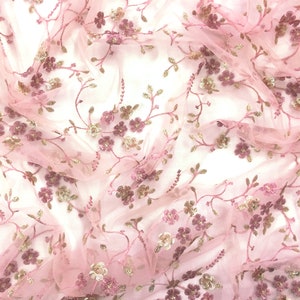 Indian fabric, dress material, peachish pink net, sequin floral embroidery, embroidered, sari blouse dupatta - HALF YARD - emb210