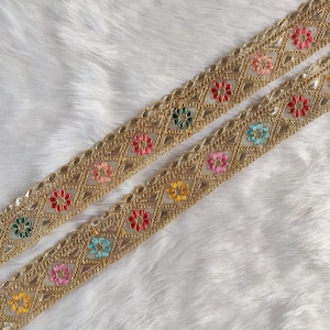 renda multicolorida, renda indiana, bordas bordadas, acabamento indiano, floral, acabamento dourado, decorativo, estilo étnico, artesanato, faça você mesmo - lace1037