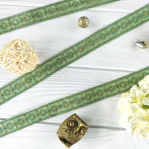 ribete bordado, ribete de tela india, adornado con secuencia, motivo floral, ribete bordado en cadena de margaritas, encaje artesanal verde, encaje - Lace929