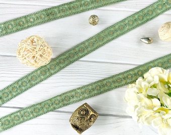 embroidered trim, Indian fabric trim, embellished with sequence, flower motif, daisy chain embroidery trim, green craft lace, lace - Lace929