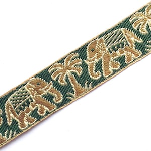 Indian Sari trim, golden jacquard trim, green trim, elephant border, saree fabric, trim by the yard, craft ribbon, junk journal- Lace668