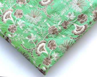 Indian embroidered fabric, dress fabric, green art silk fabric with brown white gold floral embroidery with sequins - HALF YARD- emb228
