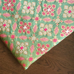 gold and pink geometric motifs, India fabric, silk brocade fabric, teal yellow iridescent fabric, banarasi - half yard and 1 yard - br208