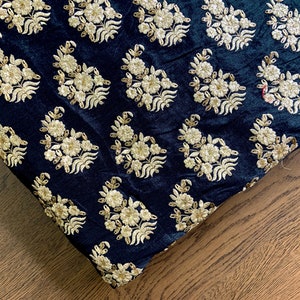 Indian fabric, blue fabric, paisley motifs, embroidered, dress material, fabric by the yard, decorative, gold threadwork- HALF YARD - emb237