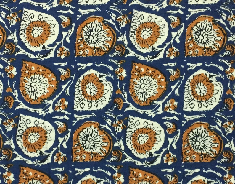5 Yard Ethnic Blue Paisley Floral Screen Print Indian Cotton Fabric Sewing