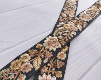 black trim, multicolored lace, indian lace, embroidered borders, india, floral, decorative, floral style, craft, diy, sequins - lace1225