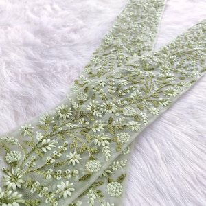 guarnição de rede verde, renda indiana, borda de rede bordada, borda de sari, trabalho de linha, decorativo, padrão floral, boho, lantejoulas- lace1122