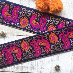 Fitas indianas, renda de pássaro, borda de sari, acabamento jacquard, rosa, laranja, sari, decorativo, vestido costurado, papagaio, álbum de recortes, decoração de casa - Lace643