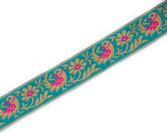 Decorative border, turquoise green jacquard trim, sari border, Indian border, Parrot and flower motif, home decor, trim by the yard- Lace582