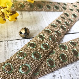 gold lace, light green dots, embroidered, sari borders, indian trims, threadwork borders, boho laces, saree trim, trim by the yard - Lace553