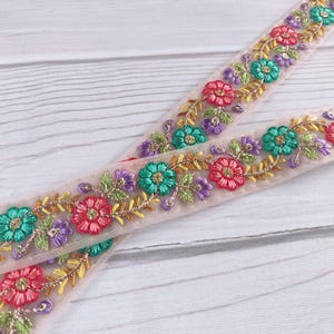embroidered border, lace by the yard, pale pink net trim, indian lace, sequins, floral pattern, decorative, craft, sari border - lace1254