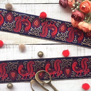 acabamento para scrapbooking, bordas indianas, rendas de sari, decoração de casa, fitas decorativas, papagaio, enfeites de pássaros, vermelho, bordô, jacquard, costurar - Lace647