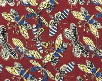 butterfly print, cotton fabric, hand printed fabric, fabric by the yard, indian fabric, kalamkari print, sewing fabric - 1 yard - ctin016