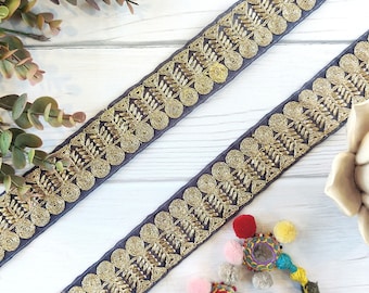 saree border, black trim, gold threadwork, black lace, embroidered ribbon, indian lace, indian style lace - Lace799