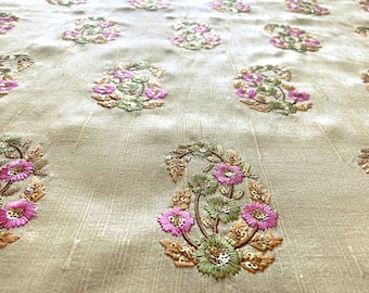 Indian fabric, light beige fabric, paisley motifs, embroider, dress material, fabric by yard, decorative, sequins work- HALF YARD - emb238